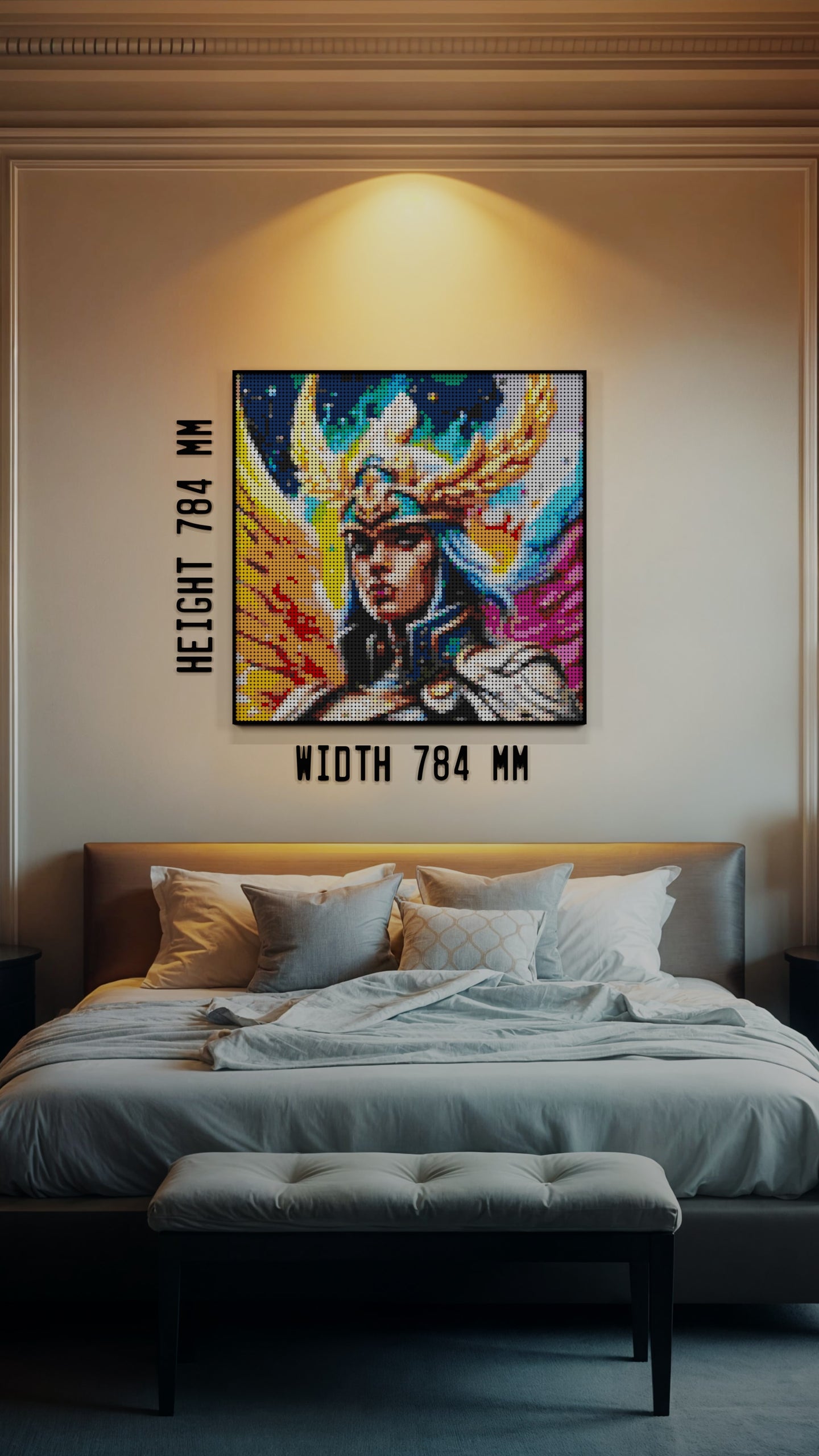 Valkyrie Vibrance LEGO® Style mosaic wall art made from colorful plastic bricks